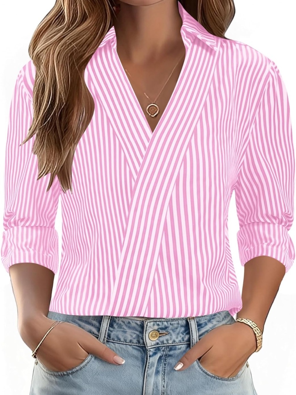 Striped Pink Wrap-Style Women's Top